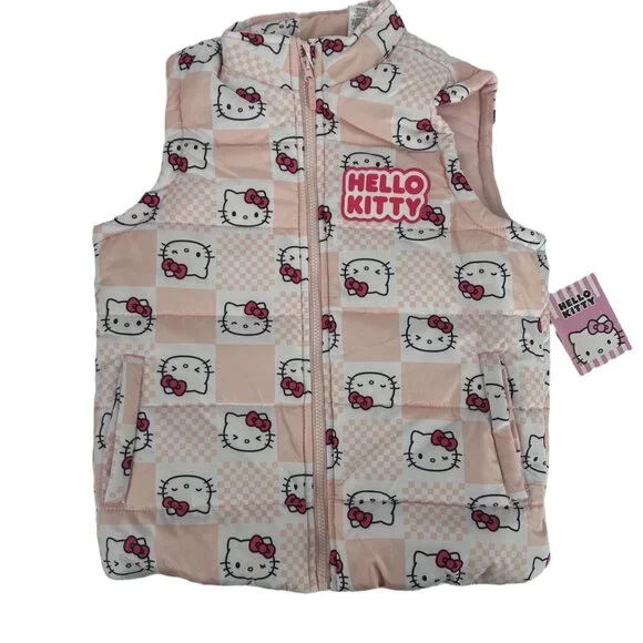 NWT Hello Kitty Girls Pink All Over Print Puffer Vest Large - Picture 2 of 8